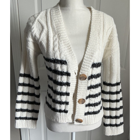 Lucky Brand Womens White blue Striped Button Up Cardigan Sweater Small - Picture 1 of 10